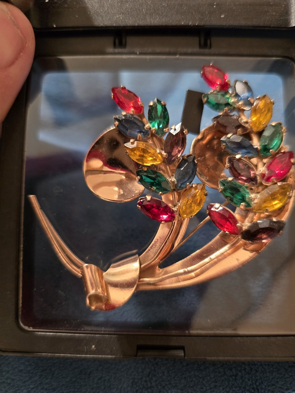 Coro Uranium Glass Gold-Tone Sterling Multicolor Marquise Crystal Floral Brooch - Picture 3 of 6